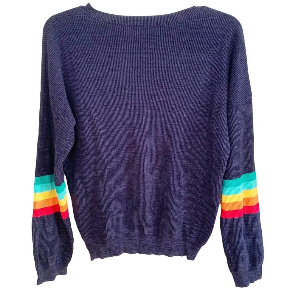 Gab & Kate Navy Varsity V Neck Rainbow Stripe Sleeve Sweater AV Nation Vibes - Picture 2 of 5